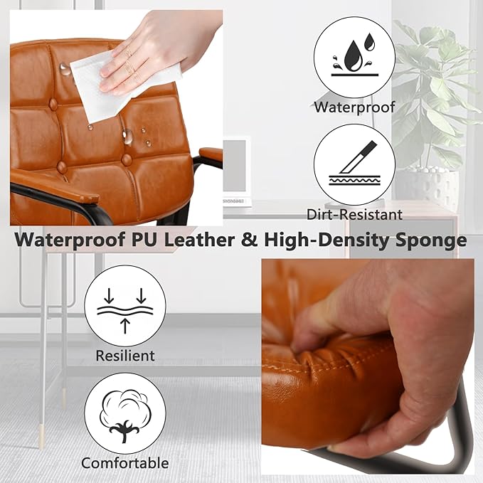 CLATINA Office Guest Chair, Leather Reception Chairs with Padded Arms, Desk Chair No Wheels Stationary for Conference Lobby Waiting Room Training Side Elderly, Set of 4-Orange