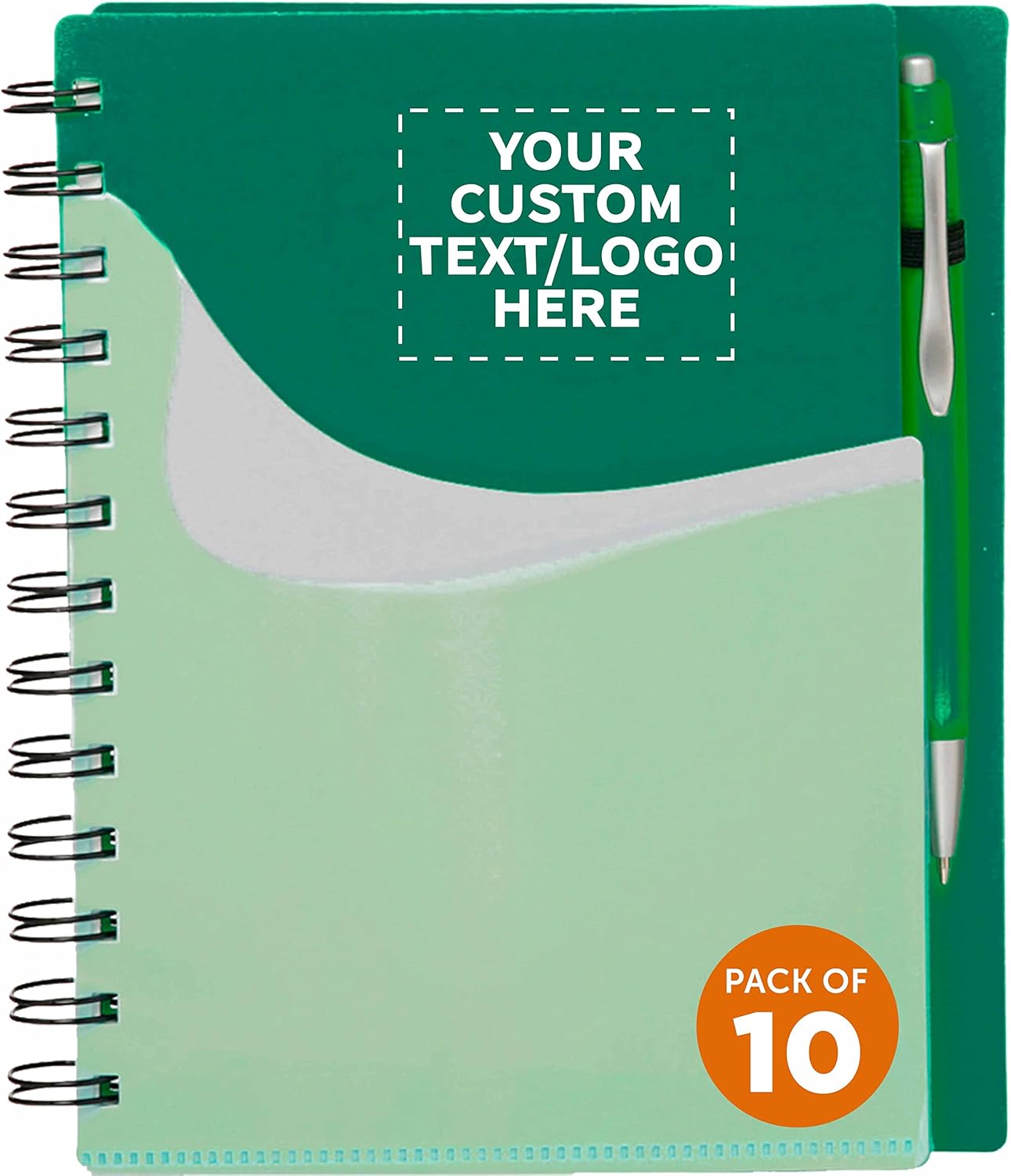 DISCOUNT PROMOS Custom Spiral Notebooks with Front Pocket Set of 10, Personalized Bulk Pack - Durable Plastic Cover, Includes Matching Pen in Blank Ink, Perfect for School, Office, Home - Green