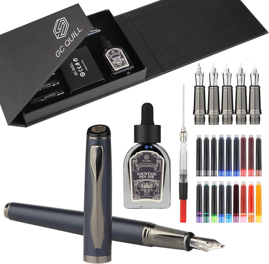 GC QUILL Calligraphy Fountain Pen Set - Includes 5 Nibs, Ink Bottle, Ink Refill Converter and 18 Cartridges, Fancy Pen for Women Men Gift - MU-25