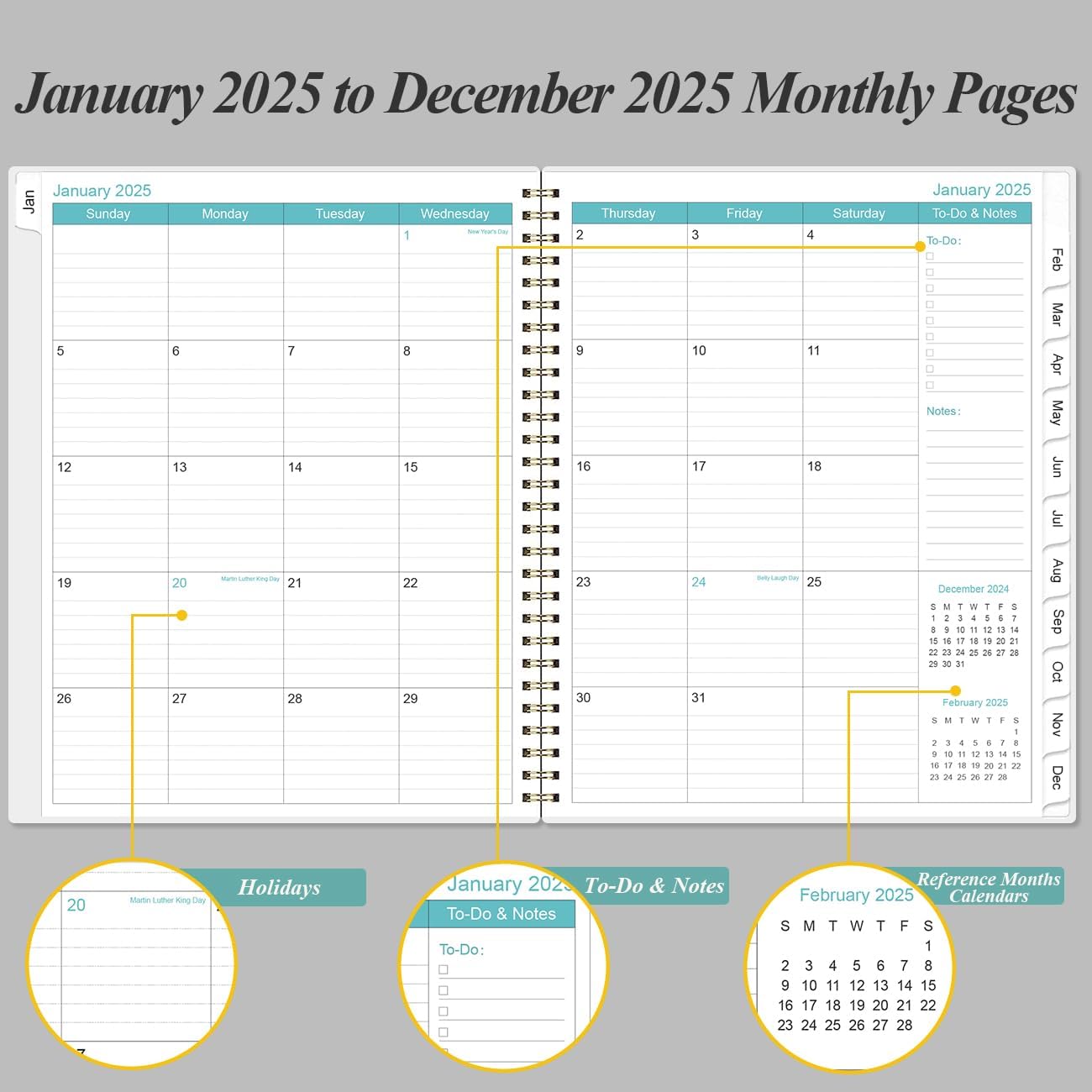 2025 Planner - Planner 2025 from January 2025 to December 2025 with 12 Monthly Tabs, Flexible Cover, Inner Pocket, 8.5" x 11", Leaf Black