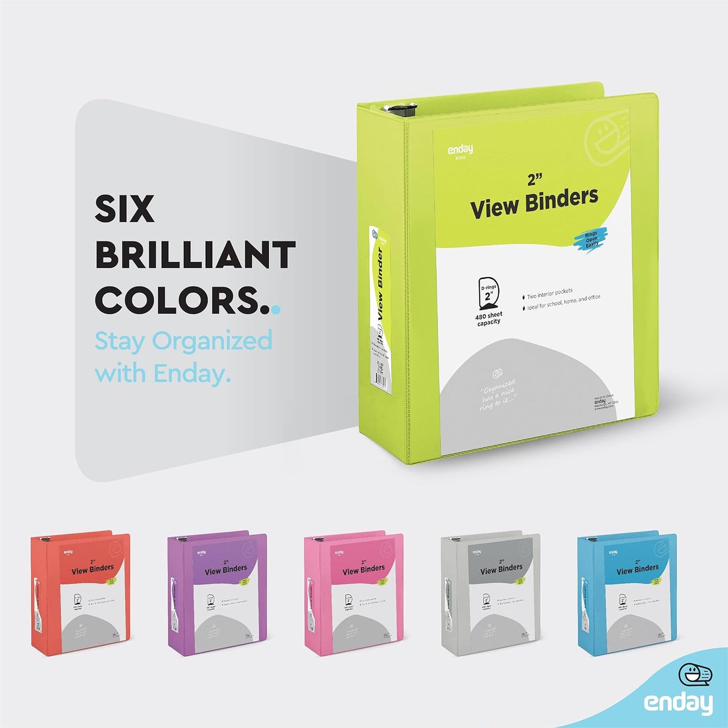 3 Slant D-Ring Binder 2 Inch Binder Green, 2 in Clear View Cover w/ 2 Inside Pockets, Heavy Duty Colored School Supplies Binders Also Available in Blue, Pink, Red, Grey, Purple (6 PC)–by Enday