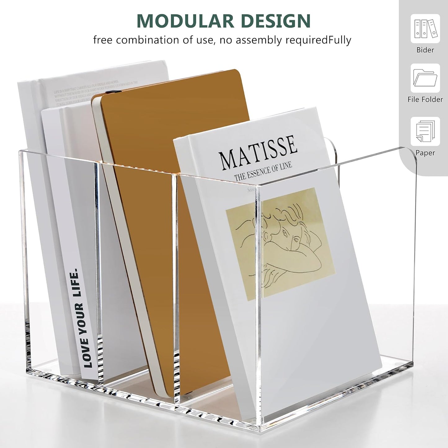 Acrylic Magazine Holder Desk Organizer Workspace Sorters，Clear Bookend File Sorter Holder，Folder Rack, Office Accessories Organization Storage with 3 Vertical Compartments