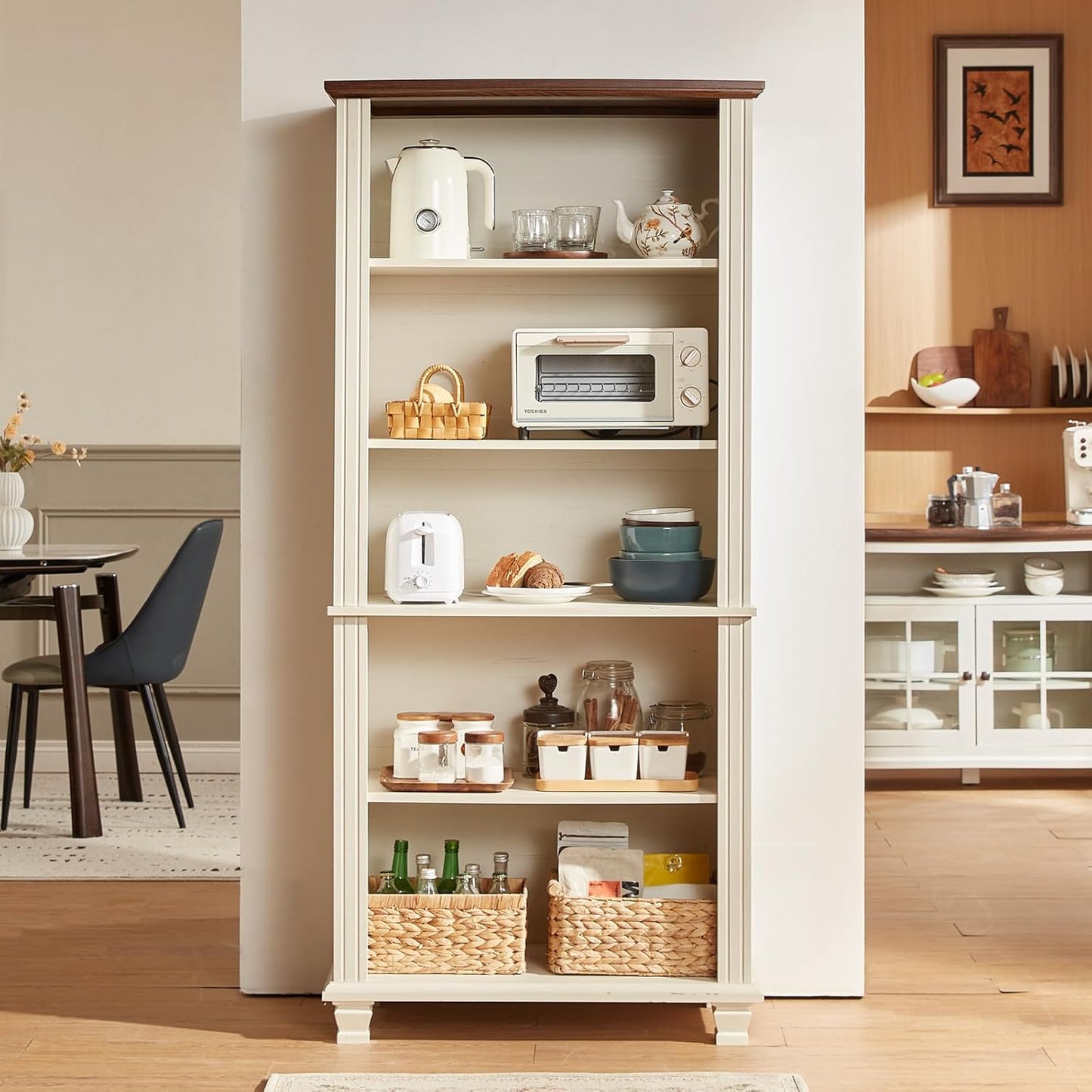 70" Tall White Bookshelf,5 Tier Wood Book Shelf with Adjustable Shelves & Wood Legs,Free Standing Farmhouse Bookcase with Open Display Storage,Vintage Kids Bookshelves for Nursery,3PCS