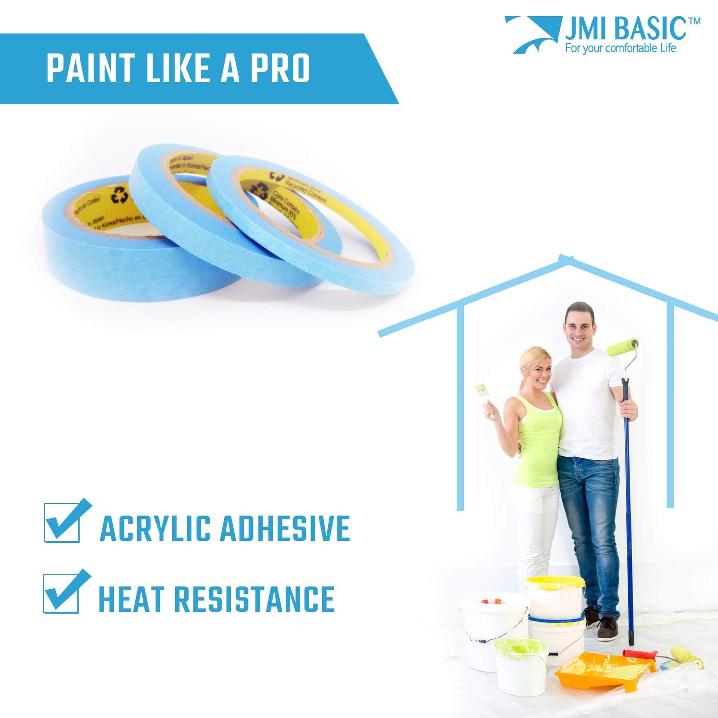 Blue Painters Tape Washi Paper - Assorted Size Multi Pack 44 Yard - No Residue Masking Tape for Painting Drafting Craft - Delicate Surfaces - Heat Resistant - Thin Thick (1/2 x 1 x 2 Inch - 6pK)