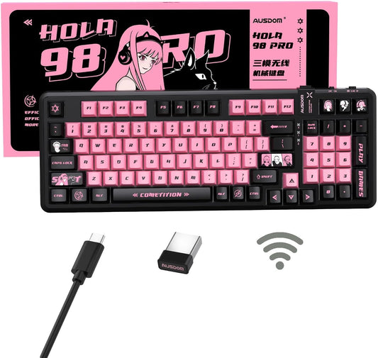 AUSDOM 98Pro Wireless Mechanical Keyboard, Tri-Mode Bluetooth/2.4GHz/USB-C Gasket Hot Swappable Custom Gaming Keyboard with Backlit, PBT Keycaps, Linear Switches, for Windows/Mac/PC (Manga Girl Theme)