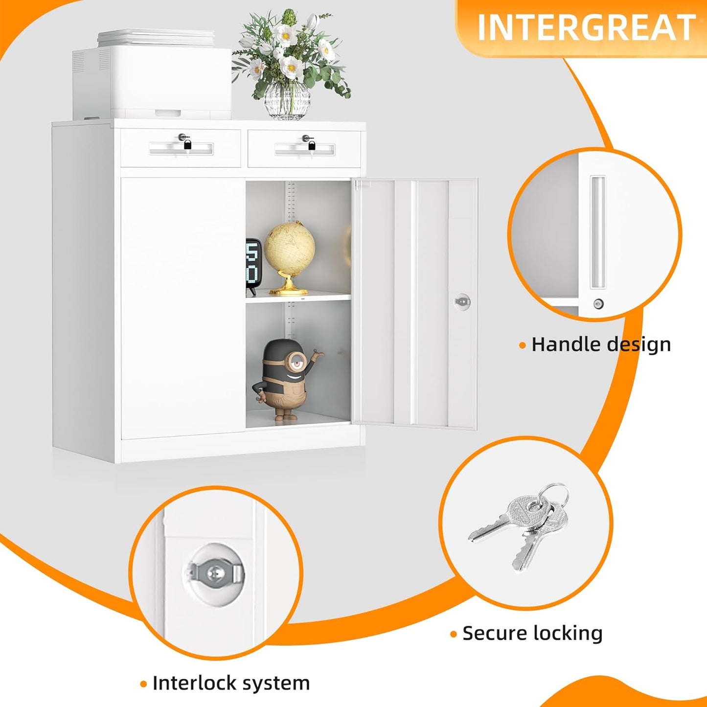 INTERGREAT Metal Cabinets with Drawers,White Metal Storage Cabinets with Doors and Shelves for Garage,Locking Garage Storage Cabinets Drawer 42"×36"×18"