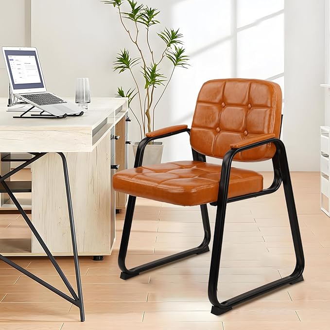 CLATINA Office Guest Chair, Leather Reception Chairs with Padded Arms, Desk Chair No Wheels Stationary for Conference Lobby Waiting Room Training Side Elderly, Set of 4-Orange