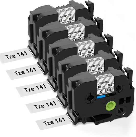 Tze-141 18mm 0.7inch Laminated Clear Tape Compatible for Brother PT-D400 Label Maker Tape Clear, TZ-141 Tze 18mm 3/4inch for Brother P-Touch PT-D600, PT-D410, PT-D610BT Label Maker, 5 Pack