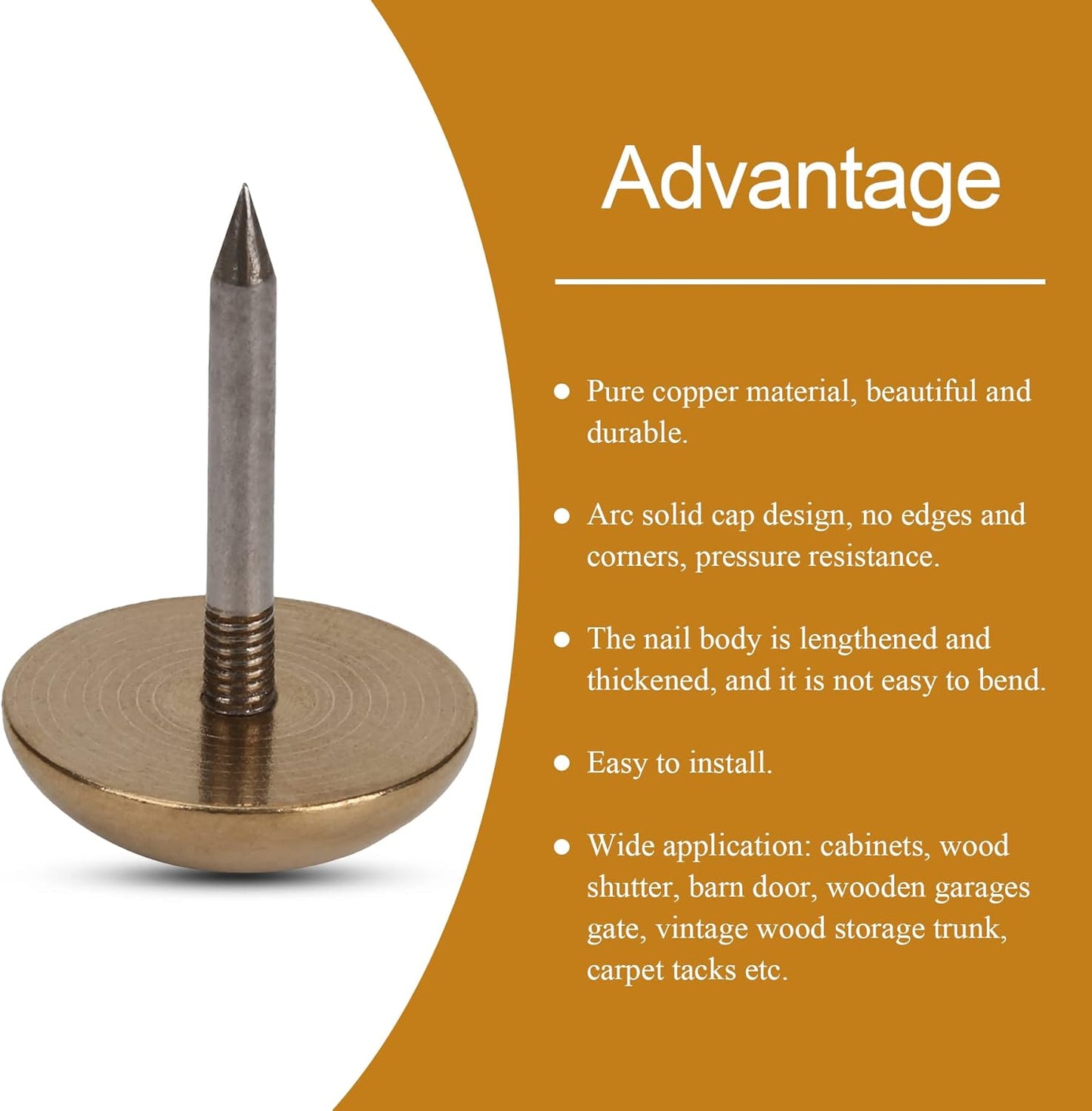 Retro Solid Pure Brass Tacks as Antique Upholstery Nails for Furniture, Decorative Push Pins for Wood,Carpet Tacks,Hardware Nails,Cap Nails,Thumb Tacks,Brass Fasteners(7/10",18mm Gold Color,10 Pcs)