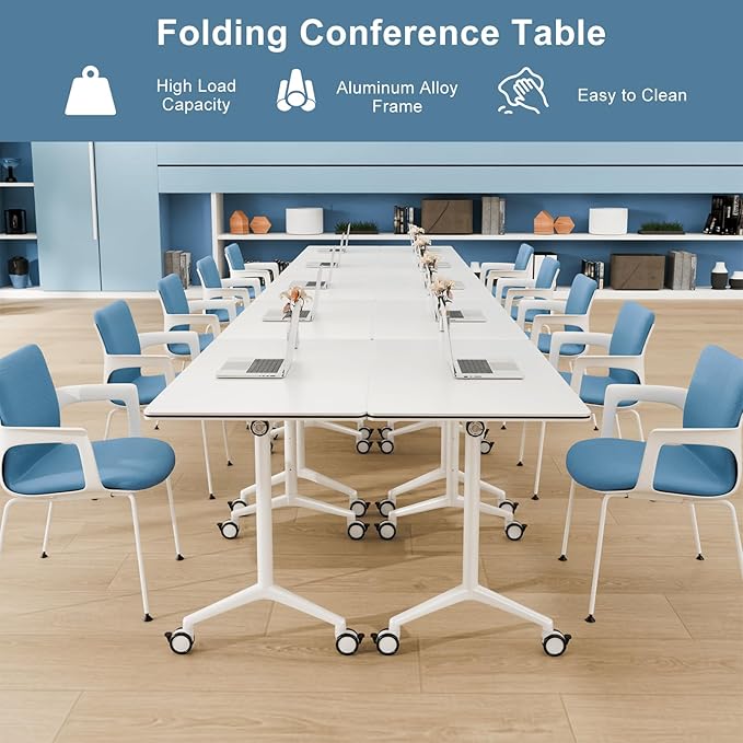 2Pack Folding Conference Room Table, Modern Conference Tables with Silent Wheels, Large Rectangular Mobile Training Tables for Office Classroom, Foldable Modular Seminar Table White (L70.9in)