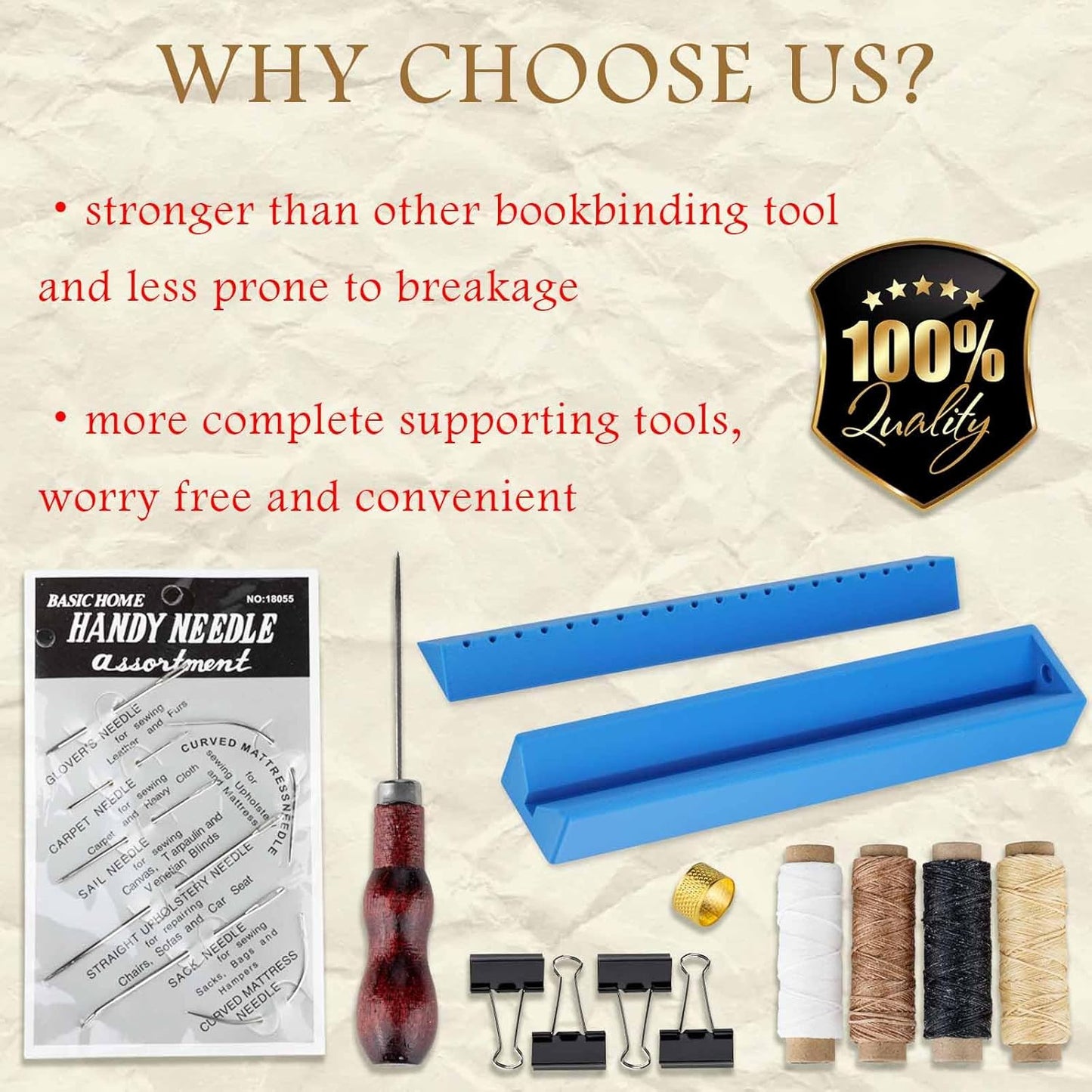 ARSTBETY Complete Bookbinding Kits for Beginners, Book Binding Starter Tool Supplies with Signature Punch Guide, Awl, 100ft Wax Thread, 7 Needles and Clips Thimble Ring