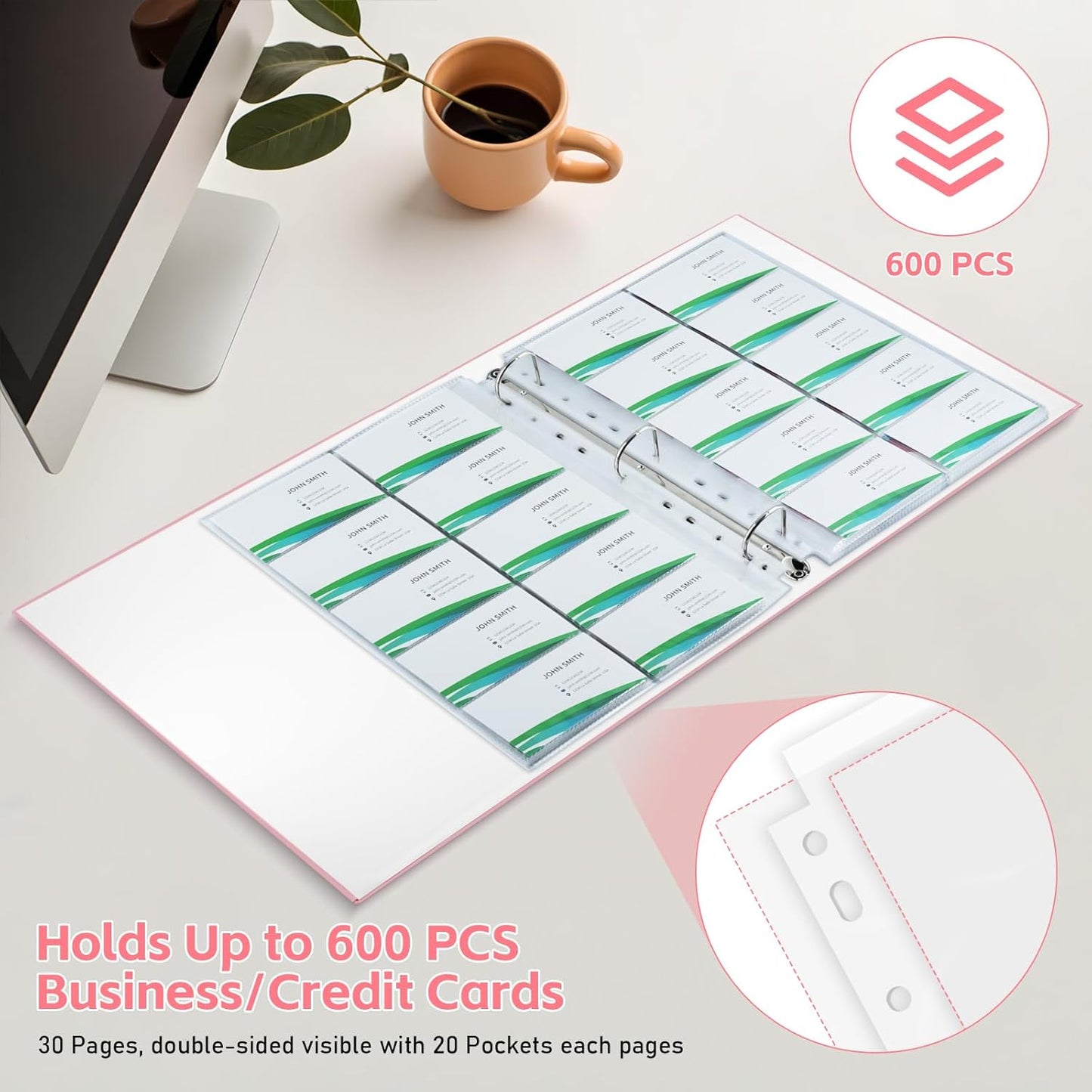 BYSTER A4 Business Card Organizer, PU Leather Card Binder with 30 Pack Sleeves (600 Pockets), Business Card Holder Book for Credit Cards, Membership Cards, and More - Pink