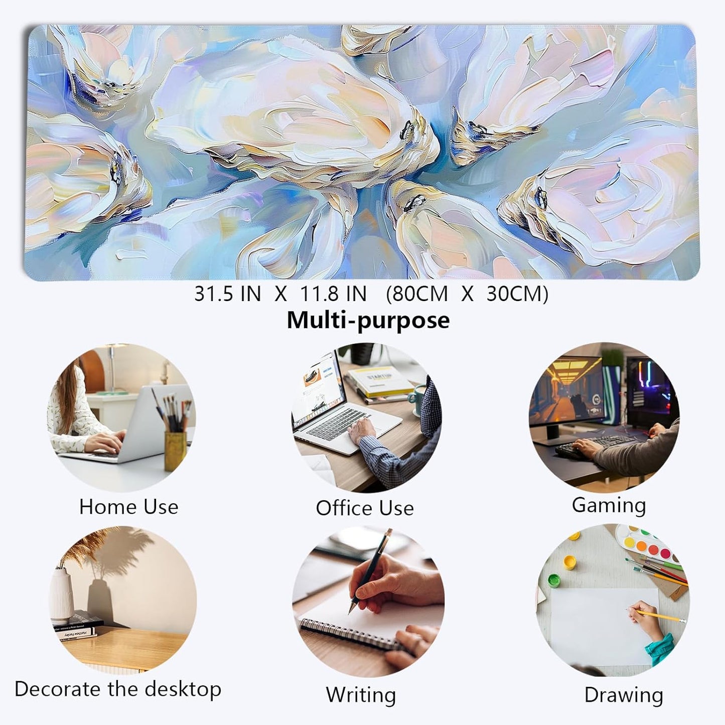 Blue Ocean Coastal Art Mouse Pad,Colorful Beachy Seashell Mouse Pad,XL Large Oyster Abstract Art Desk Mat,Girly Laptop Desk Mat,31.5x11.8 Inch