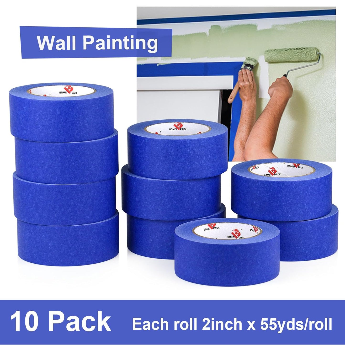 BOMEI PACK 10 Rolls Painters Tape 2 inch Wide, Painter's Tape Blue Masking Tape 2 inch x 55 Yards for Walls Painting, Home Improvement and School Projects, Total 550 Yards
