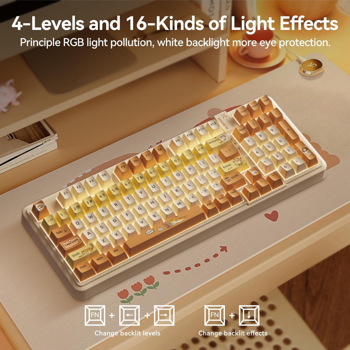 AUSDOM 98Pro Wireless Mechanical Keyboard, Tri-Mode Bluetooth/2.4GHz/USB-C Gasket Hot Swappable Custom Gaming Keyboard with Backlit, PBT Keycaps, Linear Switches, for Windows/Mac/PC (Yellow Cat Theme)