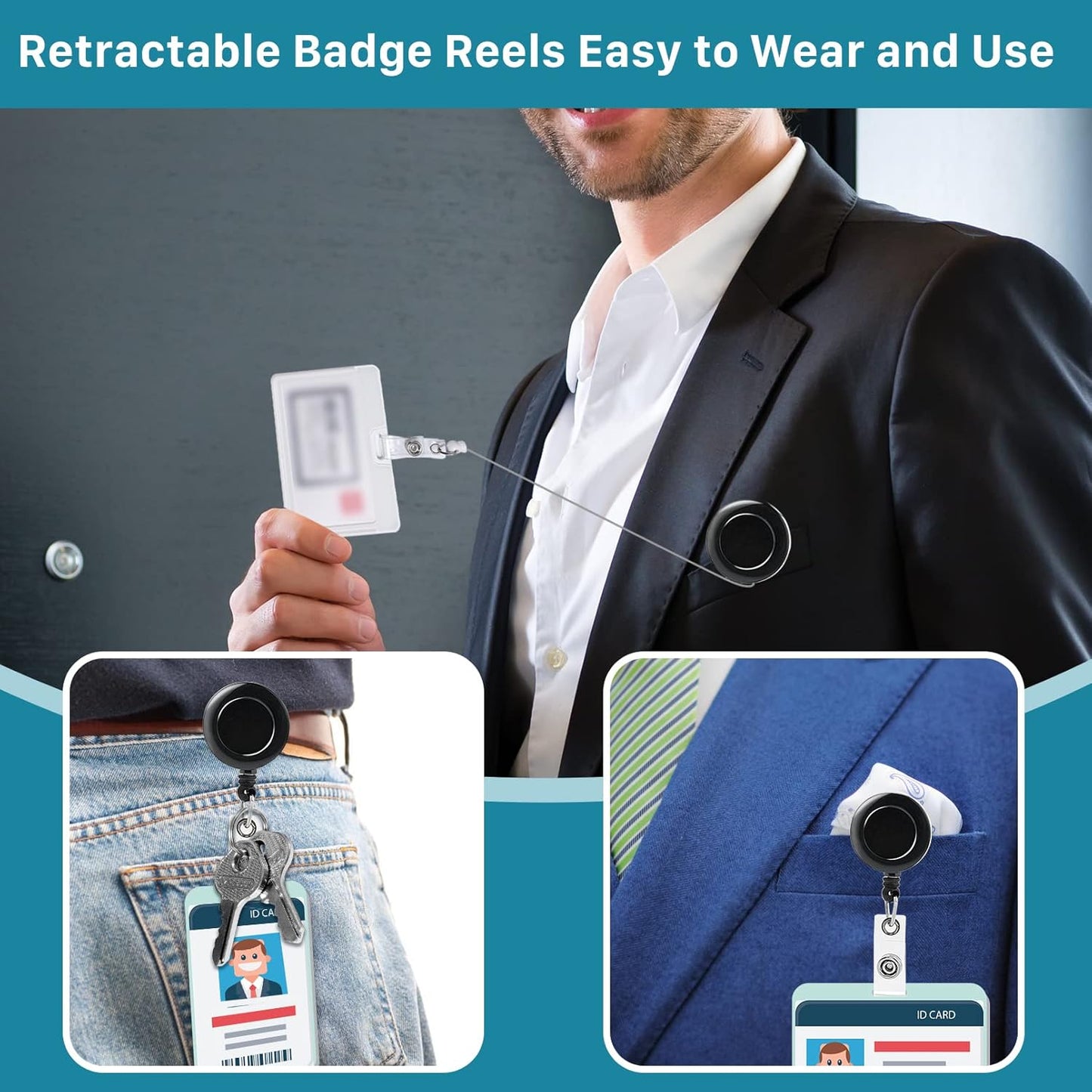 50 Pack Retractable Badge Reels,Retractable Badge Holder Reels with Belt Clip,Badge Reel Clips Holder for Hanging ID Card Key Chain Doctor Nurse Teachers Students Office Workers (Black)