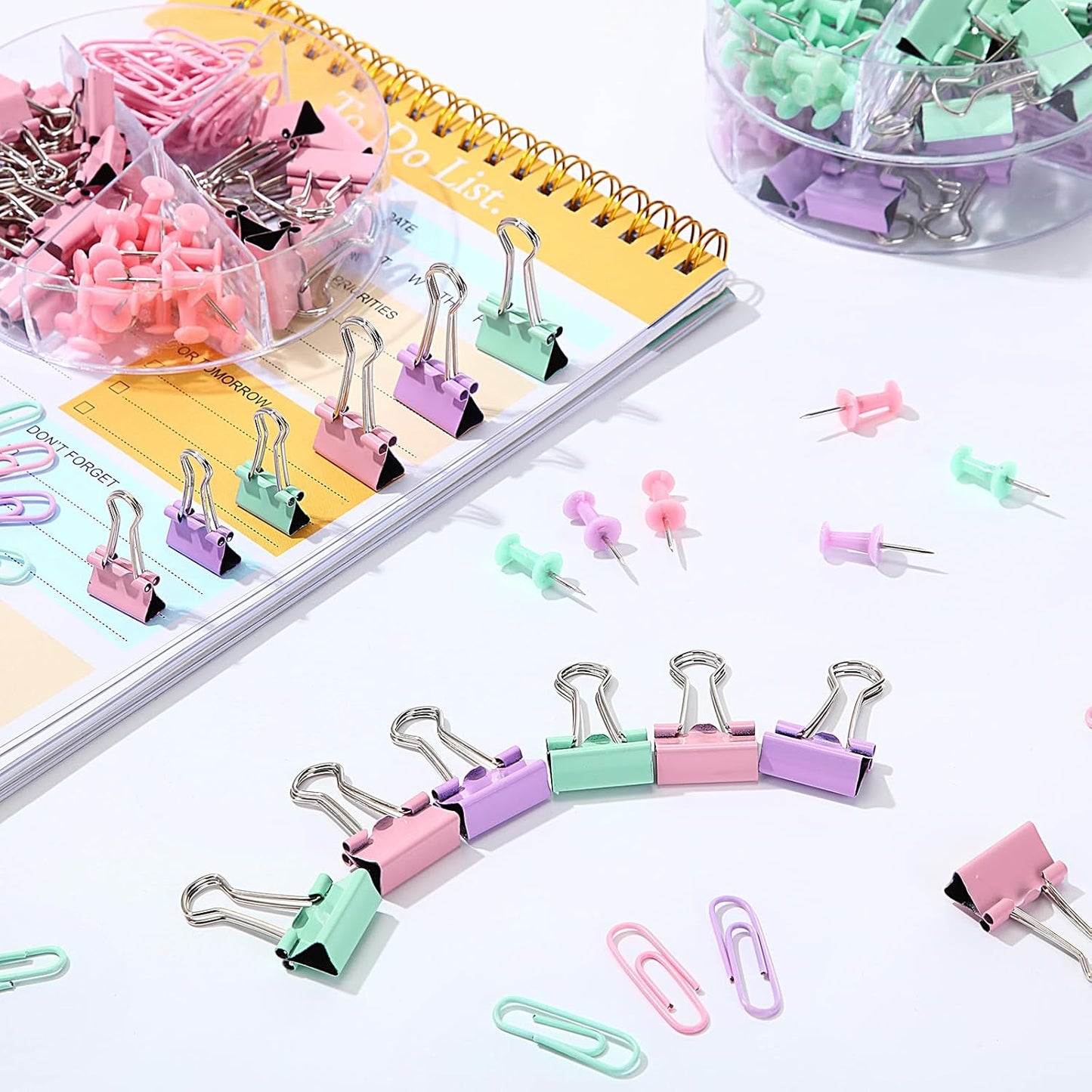 1560 Pcs Paper Clips and Binder Clips Assorted Sizes, Large Medium Small Binder Clip Paperclips Thumb Tacks, College Supplies Home Office Supplies Document Organizing(Pink, Purple, Green)