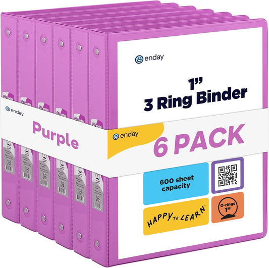 3 Ring Binder Purple, 1 Inch, 1” Clear View Cover with 2 Inside Pockets Round Ring Binder, Colored School Supplies Binders, Also Available in Pink, Blue, Grey, Green, and Red (6 PC) – by Enday