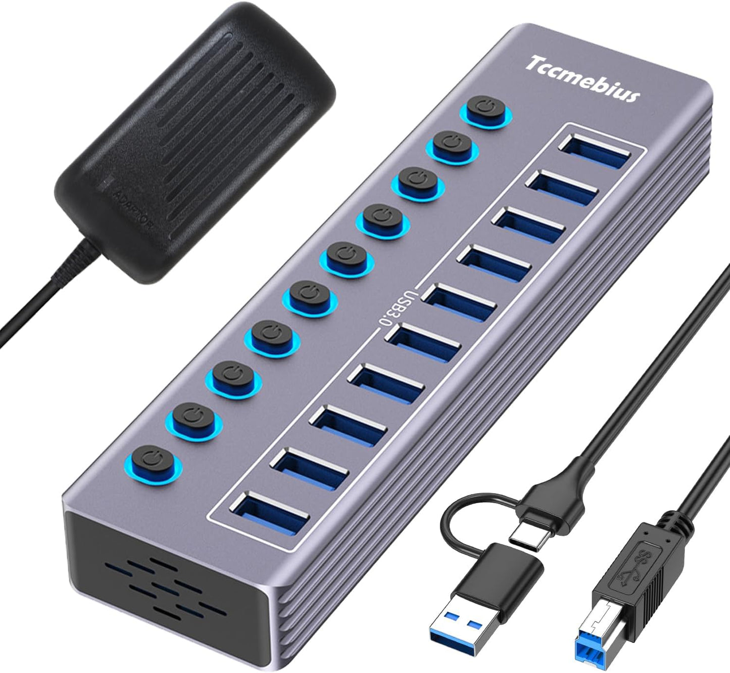 Powered 10-Port USB 3.0 Hub, USB C to 10 Ports USB Data Hub Splitter with Individual LED On/Off Switche, 3.3FT Cable, 12V/3A Power Adapter, for Laptop MacBook Pro/Air PC (Aluminum Gary)