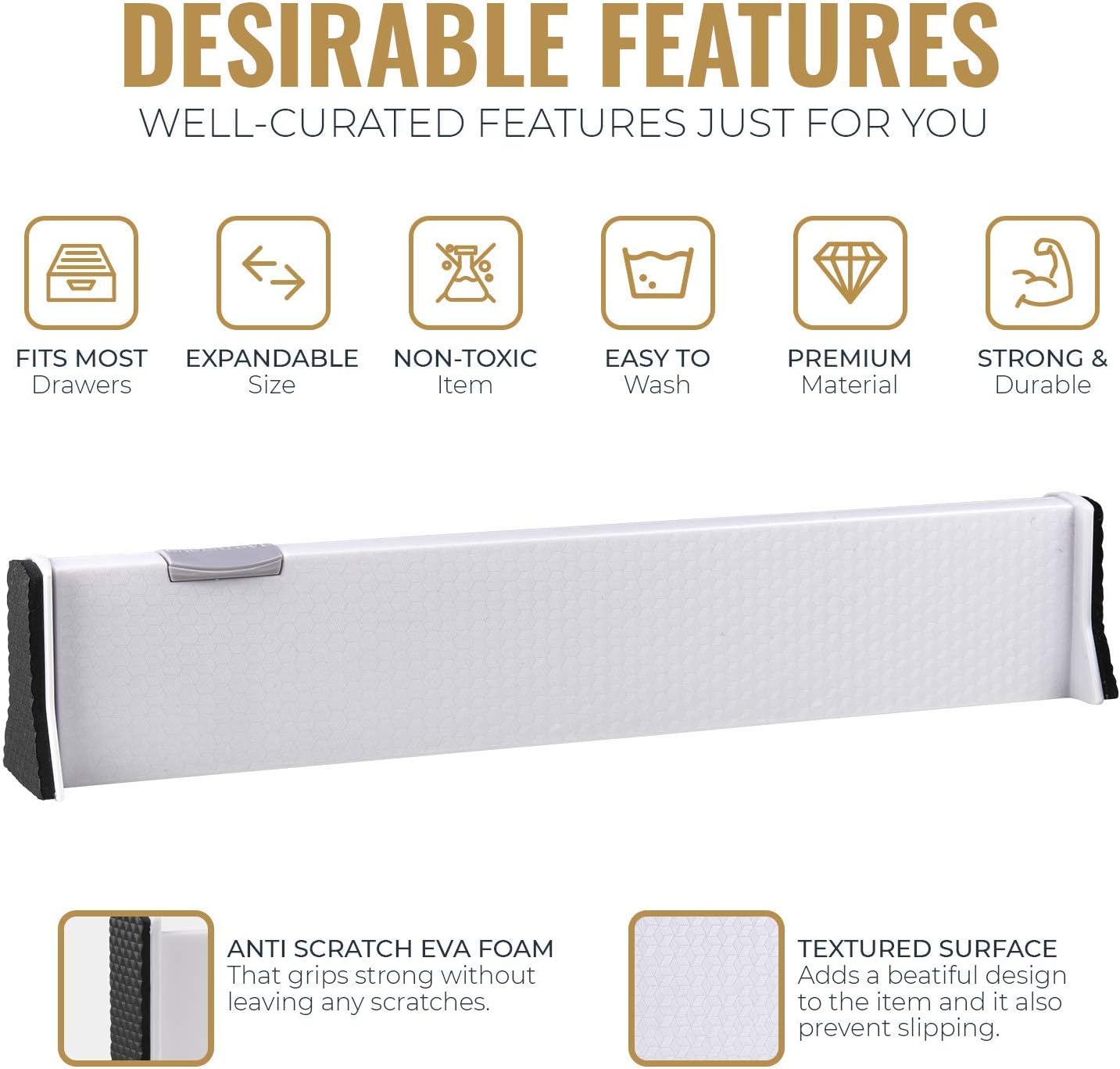 RAPTUROUS Adjustable Drawer Dividers, 2.5" Tall, Expandable 13-22", 3-Pack, Non-Slip for Dresser, Closet, Kitchen, Nursery, and Office (White)