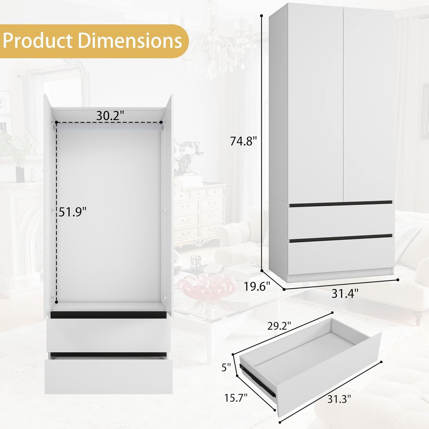 White Wardrobe Closet with Doors: 75" Large Capacity Bedroom Armoire, Wooden Cabinet with 4 Drawers, Hanging Storage Shelves with Hanging Rod (Contemporary, 2)