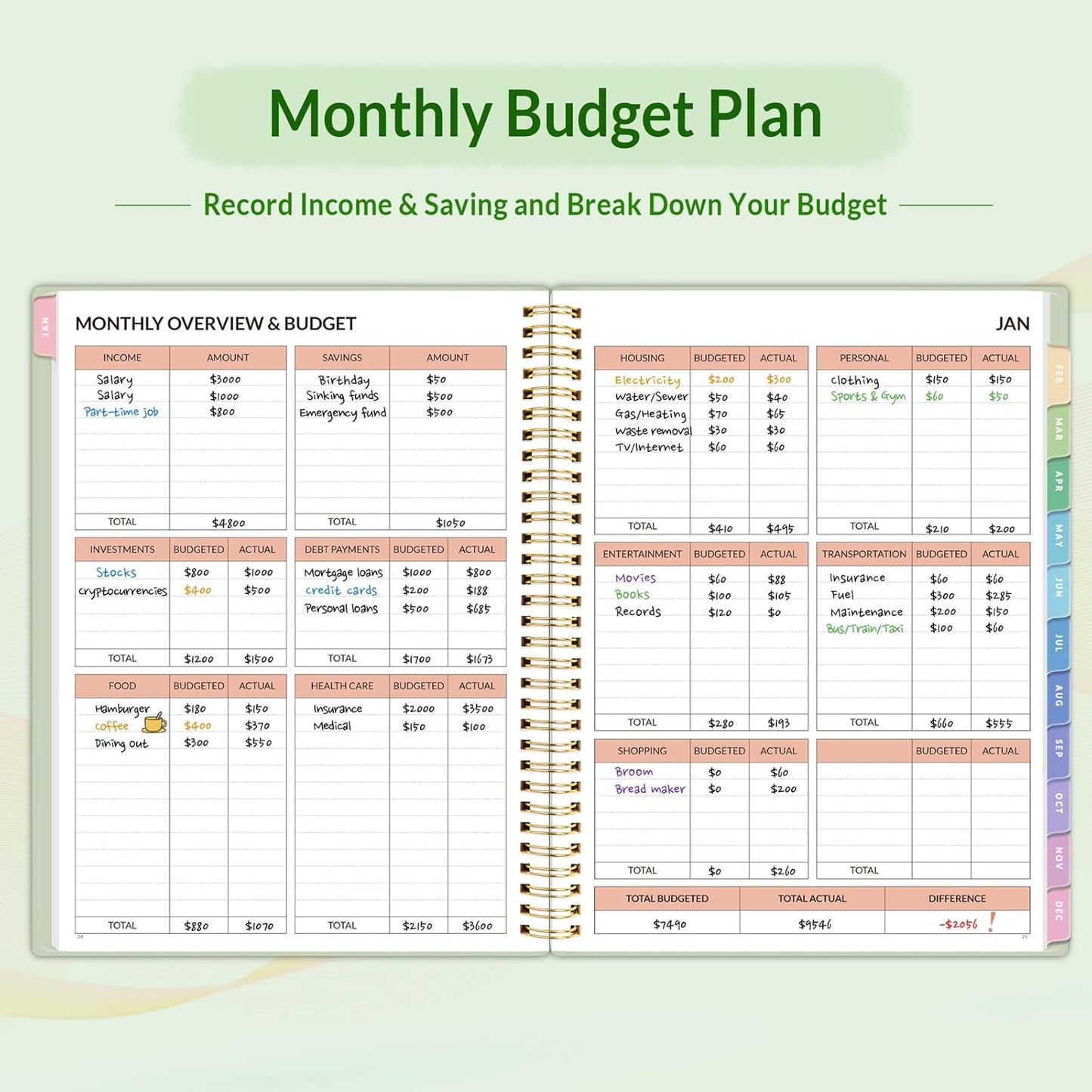 2026 Budget Planner - Monthly Budget Book from JAN 2026 - DEC 2026 with Expense Tracker Notebook, A4 Size (8.5" x 11") Bill Organizer & Finance Planner Account Book to Manage Your Finances, Green