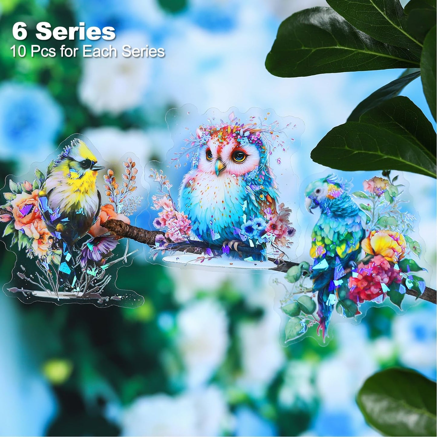 60Pcs Flowers and Birds PET Stickers, Holographic Nature Designs for Scrapbooking, Journaling Supplies, Junk Journal Ephemera, Includes Organizer