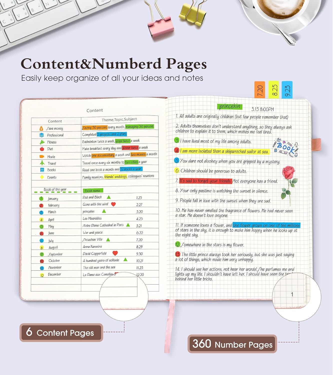 Graph Paper Notebook Journal, 360 Numbered Pages Grid Notebooks, Thick 100gsm Graphing Paper Notebook Journals for Women Men, B5 Large Hardcover Leather Graph Notebook 7.6'' X 10'' Pink