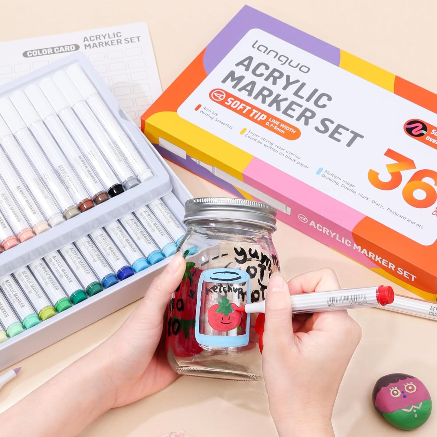 36 Colors Acrylic Paint Markers Set, Soft Brush Tip Acrylic Paint Pens Acrylic Markers for Rock, Egg, Wood, Glass, Canvas Painting, Coloring and Drawing, DIY Crafts Art Supplies