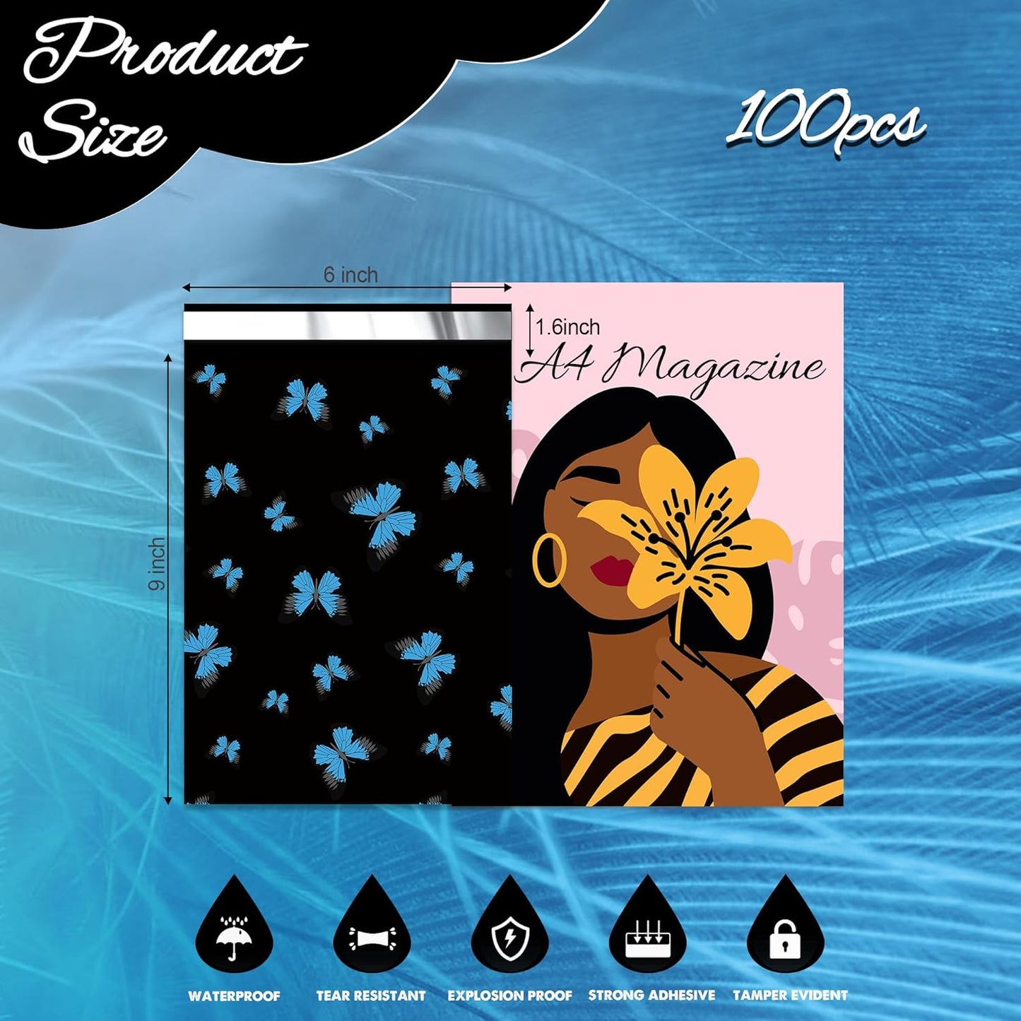 butterfly Poly Mailer 6x9 Inch 100 Pcs, Waterproof Shipping Bags for Clothing, Tear-Resistant Mailier Bags, Strong Mailing Bags with Self-Seal