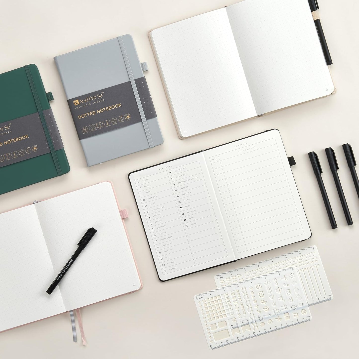 &And Per Se Bullet Dotted Journal Notebook, A5 Leather Hardcover, 176 Numbered Pages 100GSM Thick Dotted Paper, 2 Sheets of Stencils Included - 5.7'' x 8'' (Cyan)