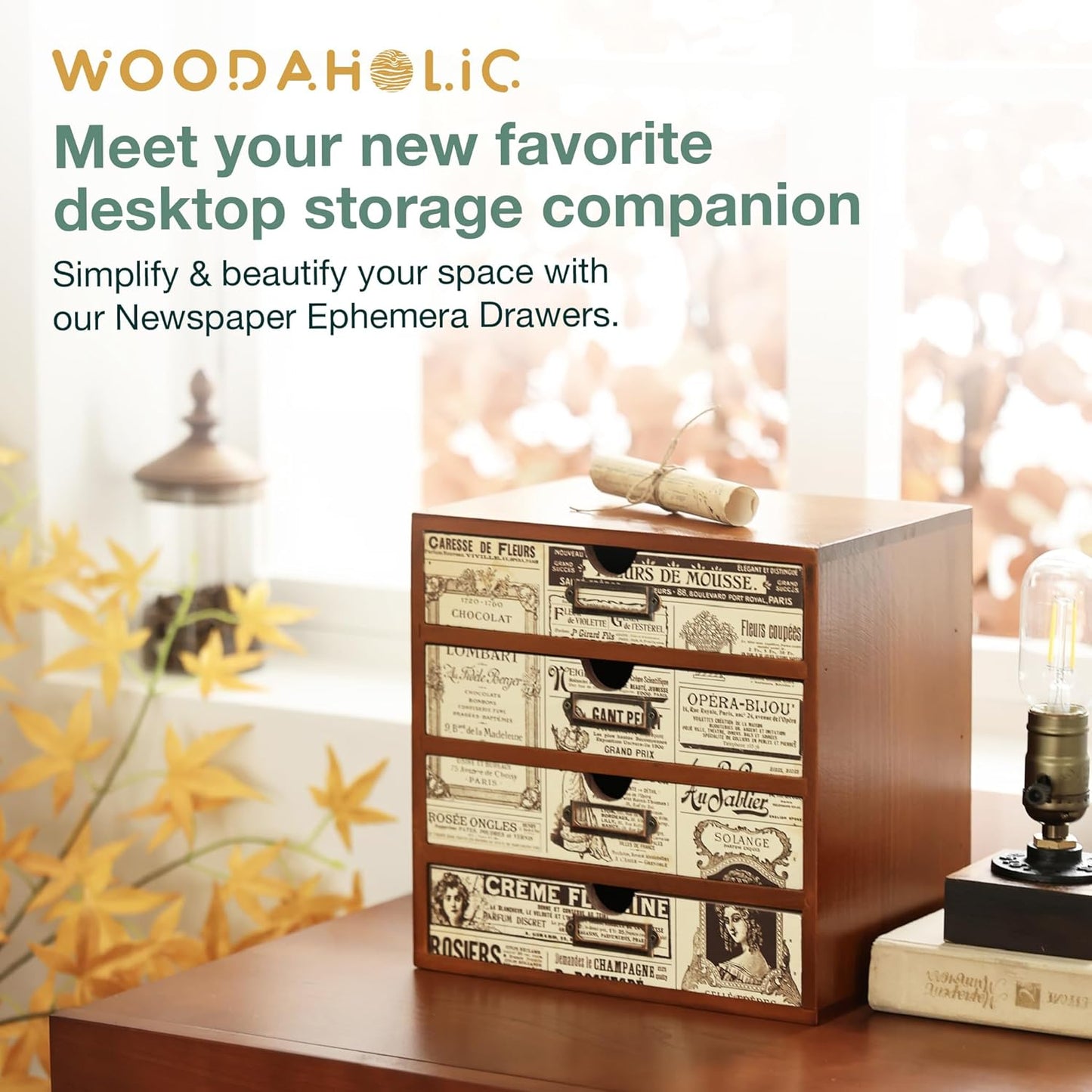 4-Drawer Vintage Ephemera Pattern Desktop Organizer - Arts and Craft Newspaper Design Desk Storage Cabinet - Ephemera Wood Shelf Drawers with Label Holders - Scrapbook Collecting