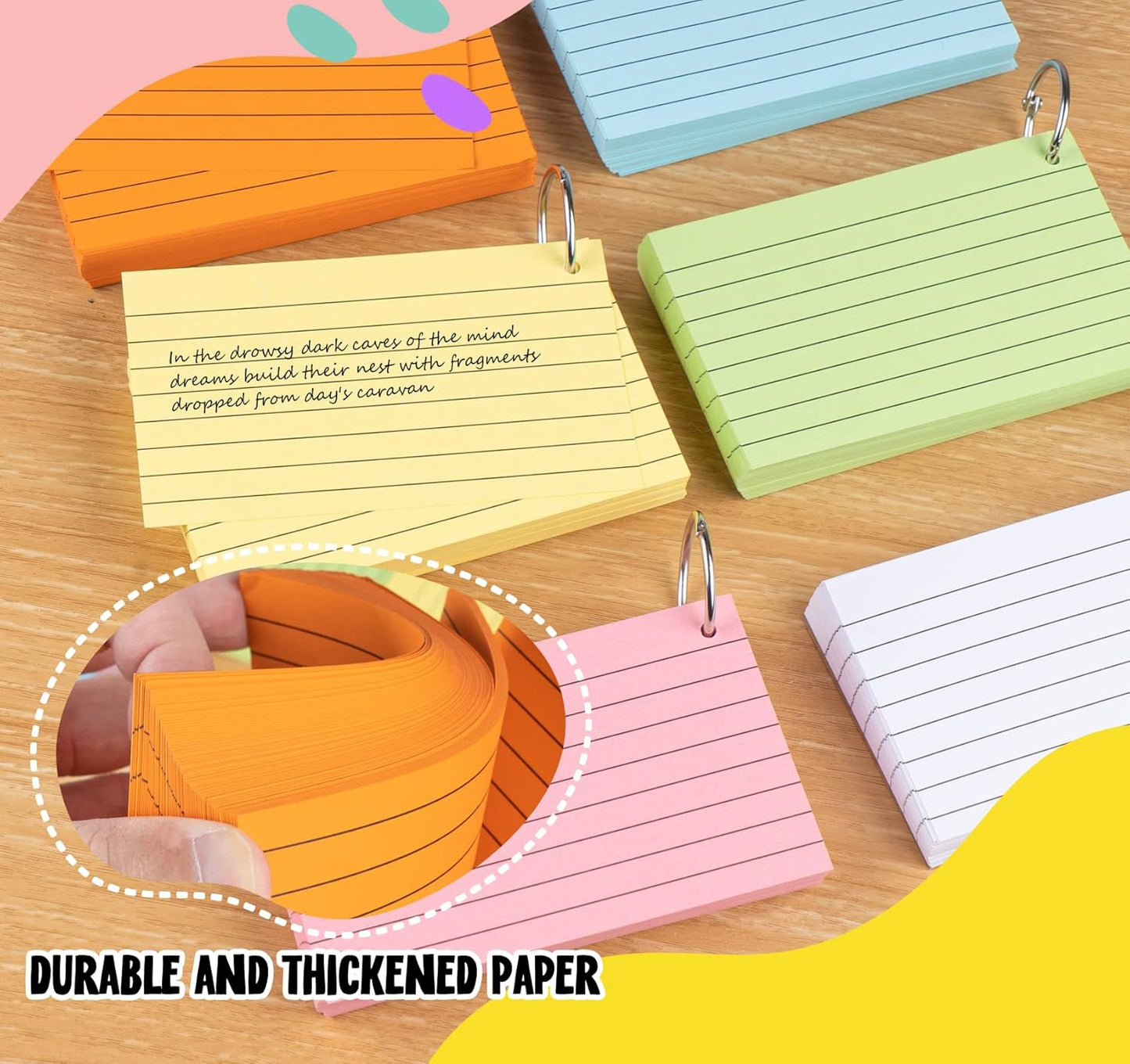 500PCS Index Cards with Ring,3 x 5 Inches Flash Cards,Punched Lined Flashcards,Heavy Study Note Card,Vocabulary Cards,Colored Ruled Note Cards for Office,School,Home,Learning,College