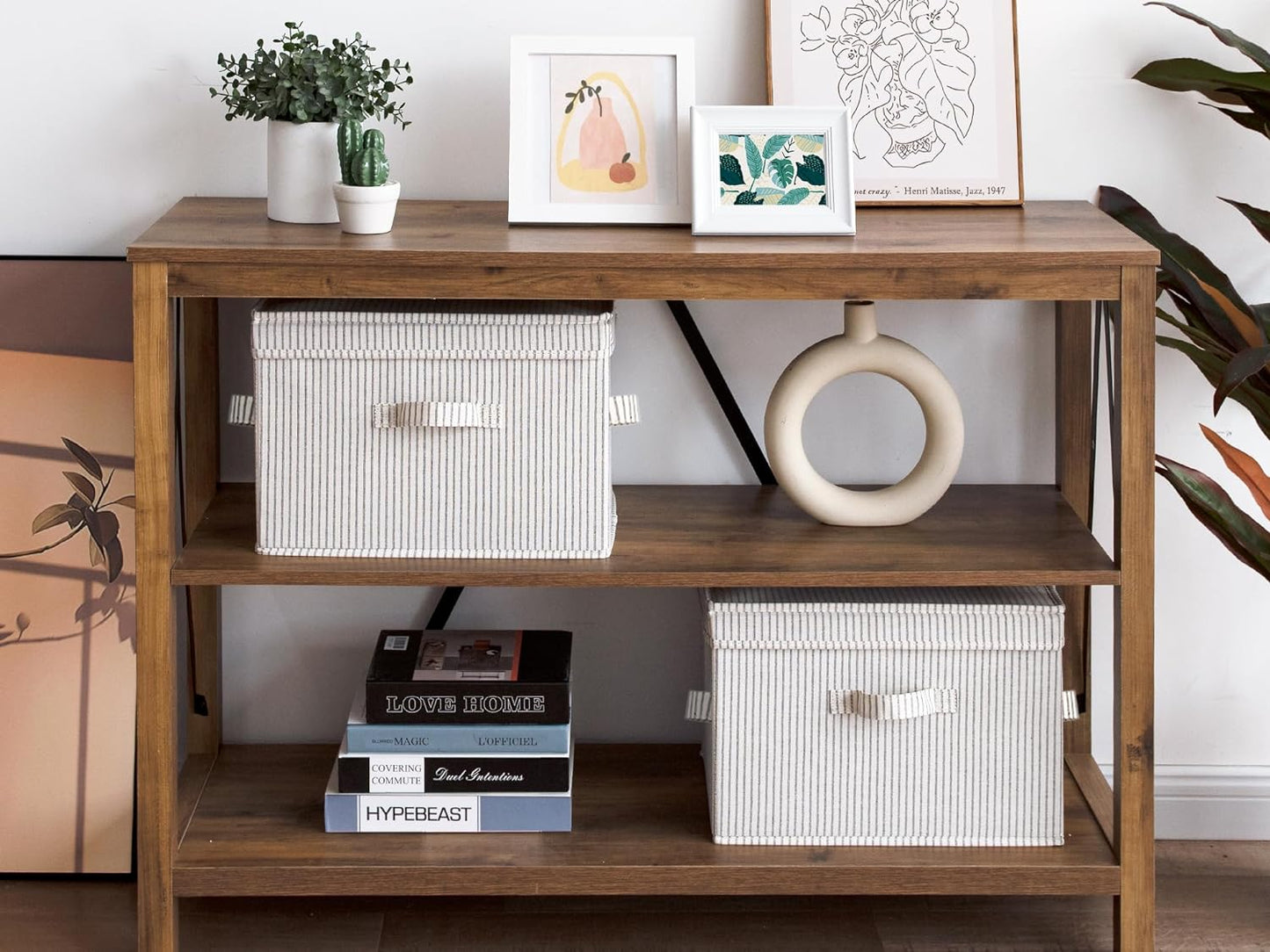 StorageWorks Fabric Storage Bins with Lid, Decorative Storage Boxes for Shelves, Stackable Closet Organizer Basket with Handles, Large, Gray and White Stripes, 2-Pack