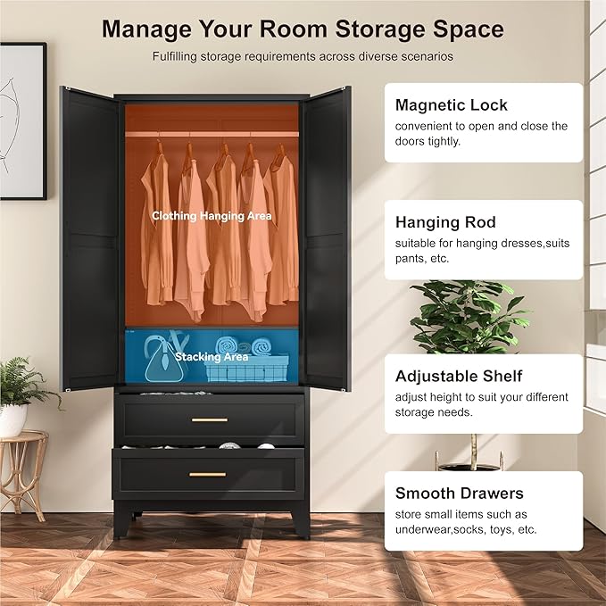 Farmhouse Wardrobe Cabinet with 2 Drawers,Metal Wardrobe Closet with Hanging Rod,Metal Armoire with Adjustable Shelves for Bedroom,Living Room, Cloak Room,Office (Blakc)