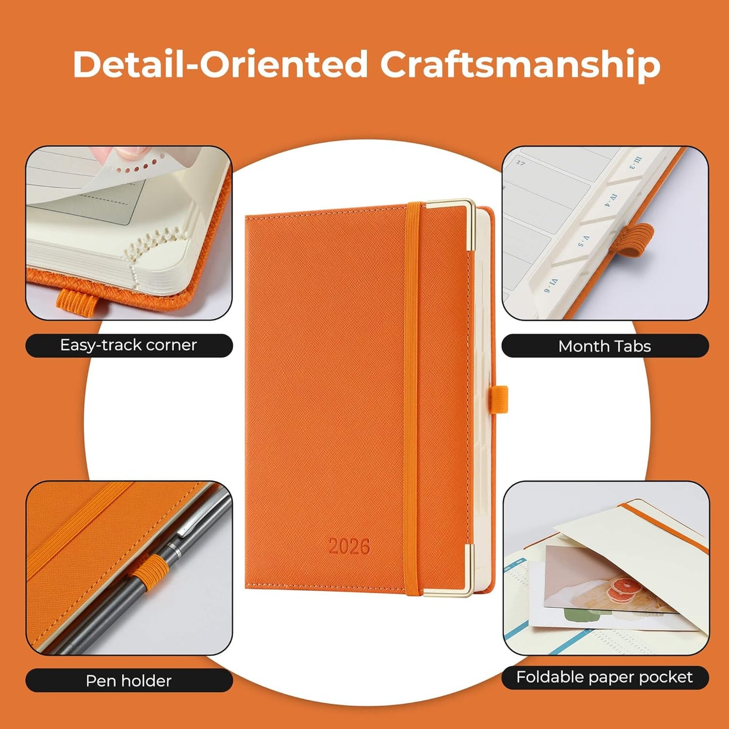 Daily Planner 2026 with One Page Per Day,(A5-8.5" x 5.9"),12 Months Calendar Hourly Appointment Book Monthly Tabs & Self-adhesive Pen Holder,Inner Pocket, Vegan Leather Hardback,Orange