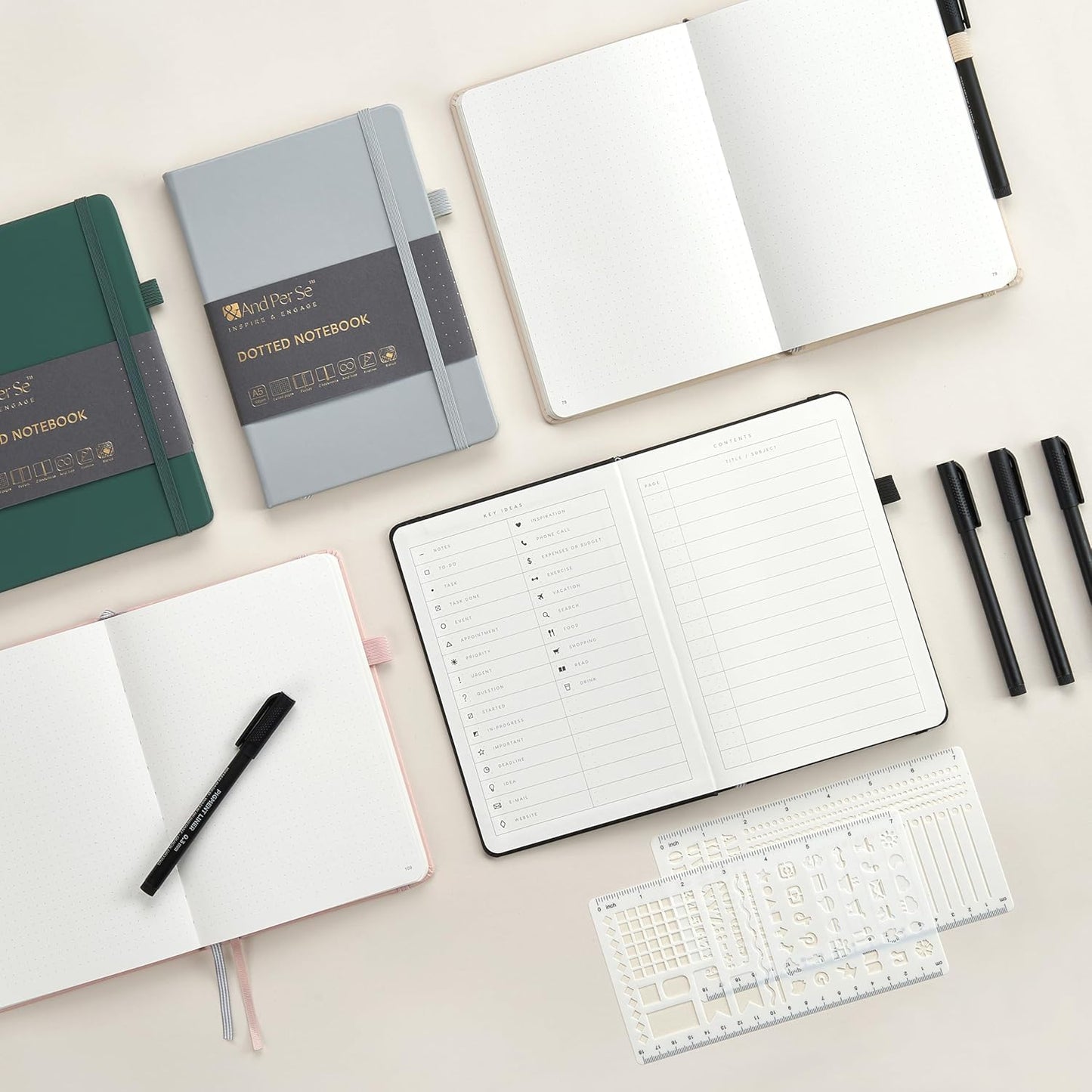 &And Per Se Bullet Dotted Journal Notebook, A5 Leather Hardcover, 176 Numbered Pages 100GSM Thick Dotted Paper, 2 Sheets of Stencils Included - 5.7'' x 8'' (Light Apricot)