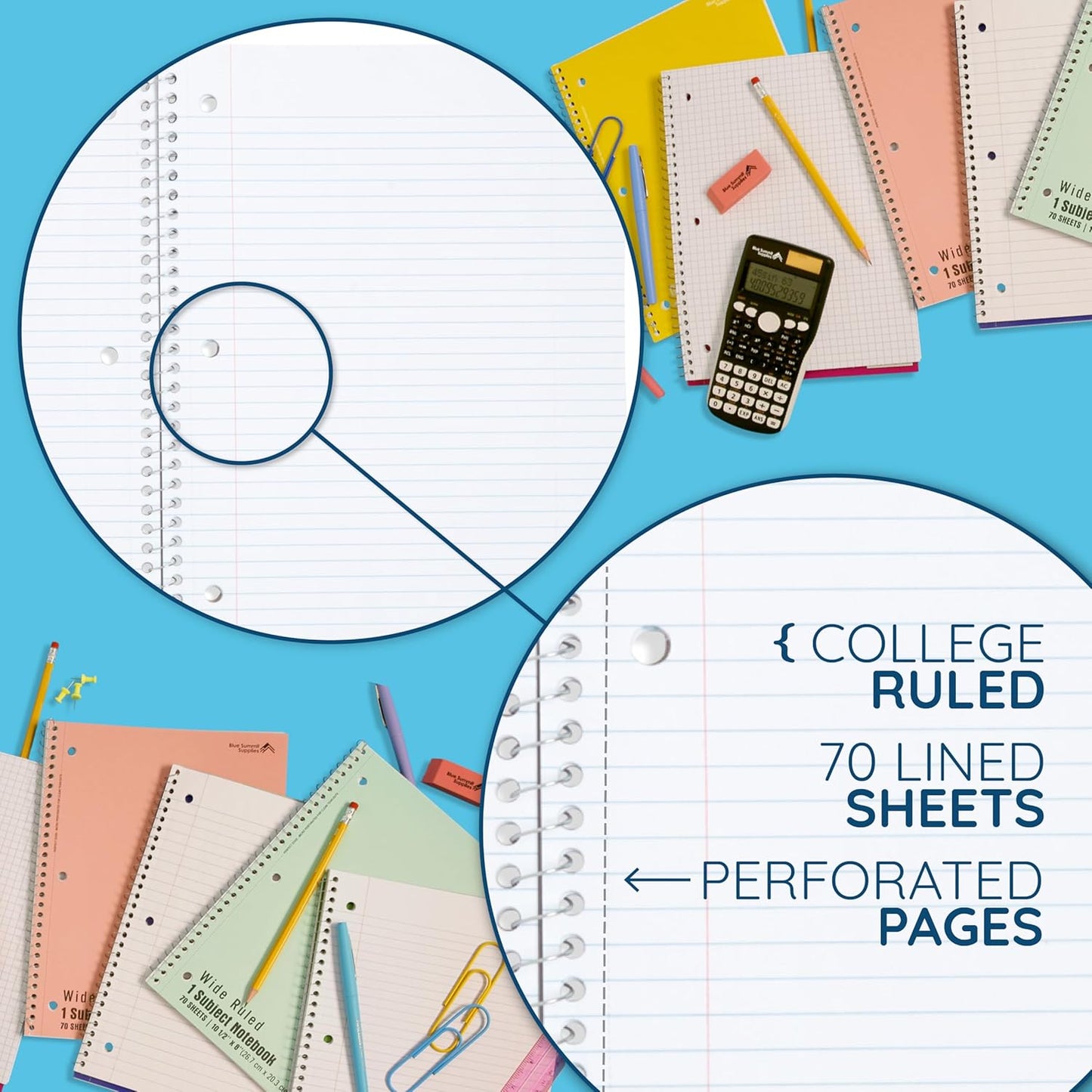 Blue Summit Pastel Spiral Notebook College Ruled, One Subject School Notebooks Spiral, Perforated Notebooks Bulk, 8 x 10.5 School Book, Paper, College Ruled, 12 Pack