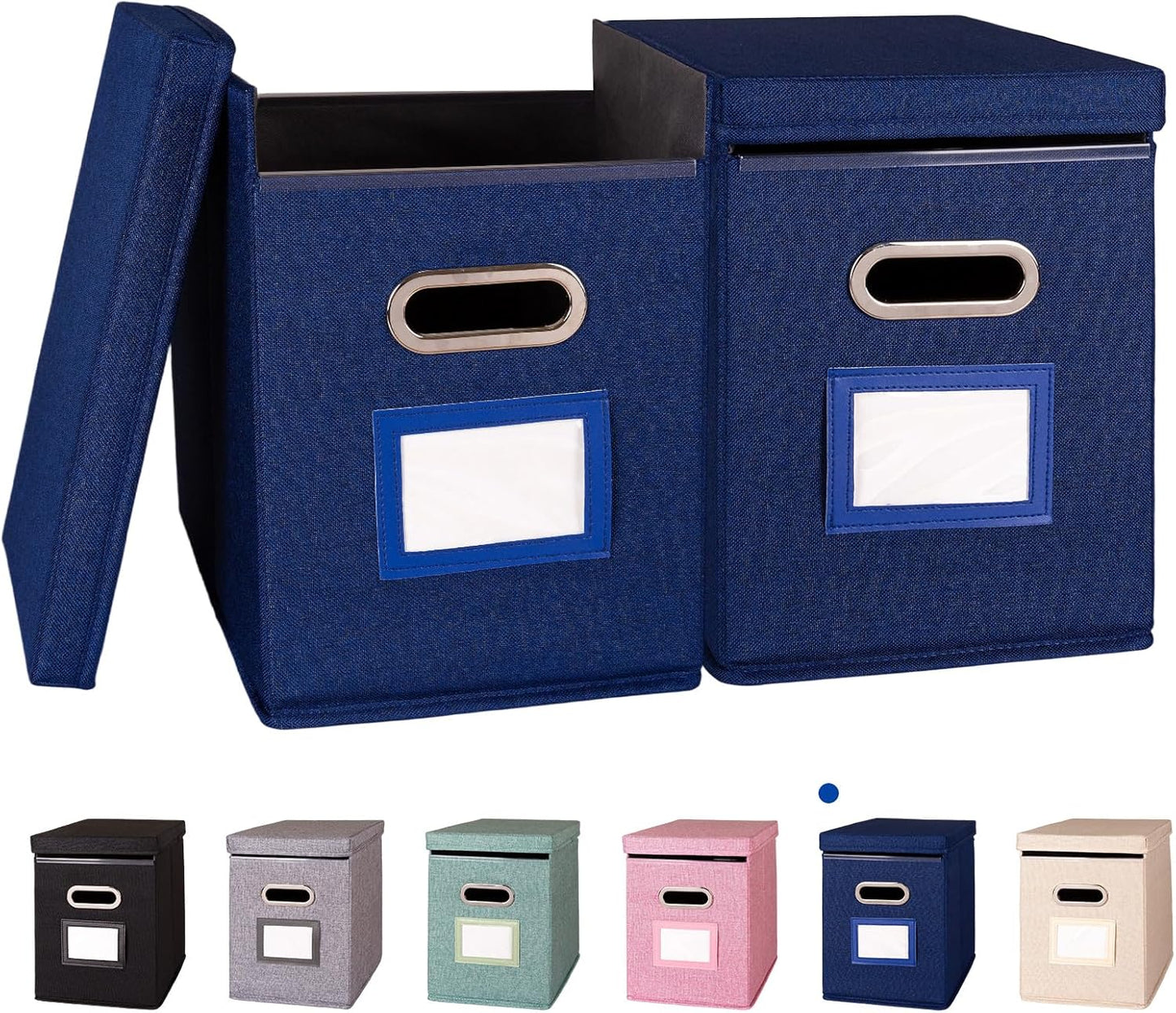 2 Pack Hanging File Folders Organizer with Lid, Letter Size Fabric File Storage Box Collapsible, Portable Office Document Holder with Metal Handle, Smooth PVC Rails, Blue