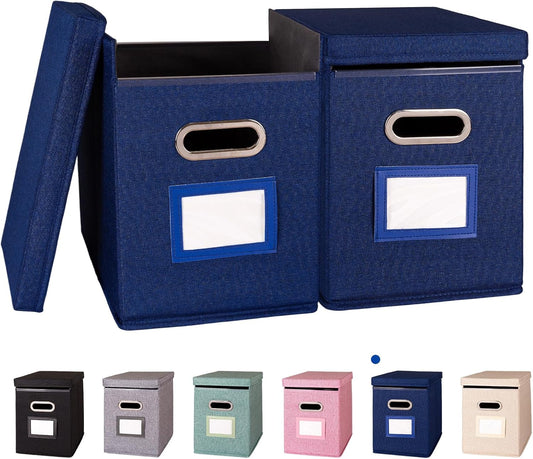 2 Pack Hanging File Folders Organizer with Lid, Letter Size Fabric File Storage Box Collapsible, Portable Office Document Holder with Metal Handle, Smooth PVC Rails, Blue
