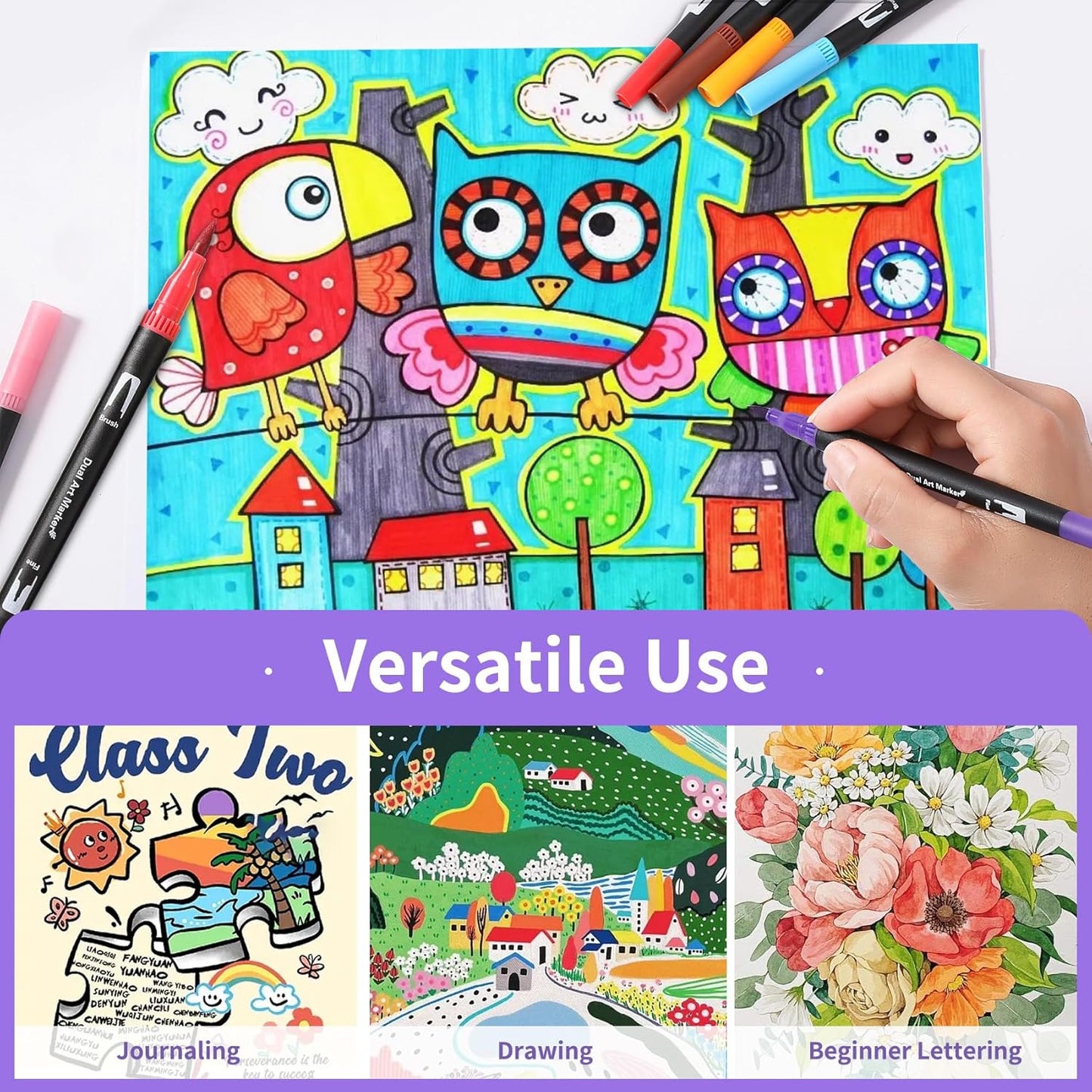 Double Brush Marker Pens, 100 Colors Art Markers Set with Fine Tip and Brush Tip for Kids Adult Coloring Book Hand Lettering Calligraphy Drawing Art Supplies Kit