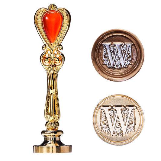 Letter W Sealing Wax Stamp, Alphabet Initial Wax Seal Stamp for Wedding, Come with Retro Handle Red Stone