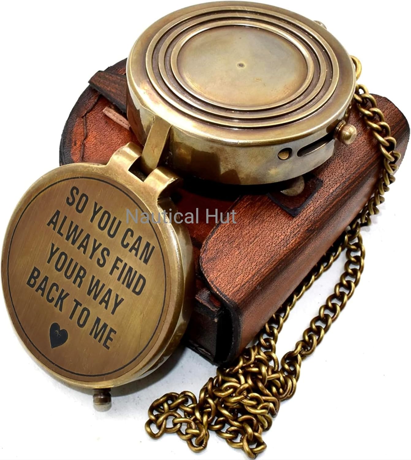 “So You Can Always Find Your Way Back Home” Engraved Brass Compass With Premium Leather Case & Chain - Brass Pocket Compass - Personalized Compass Gift For Hiking,Husband, Him, Her,Son, Graduation Day