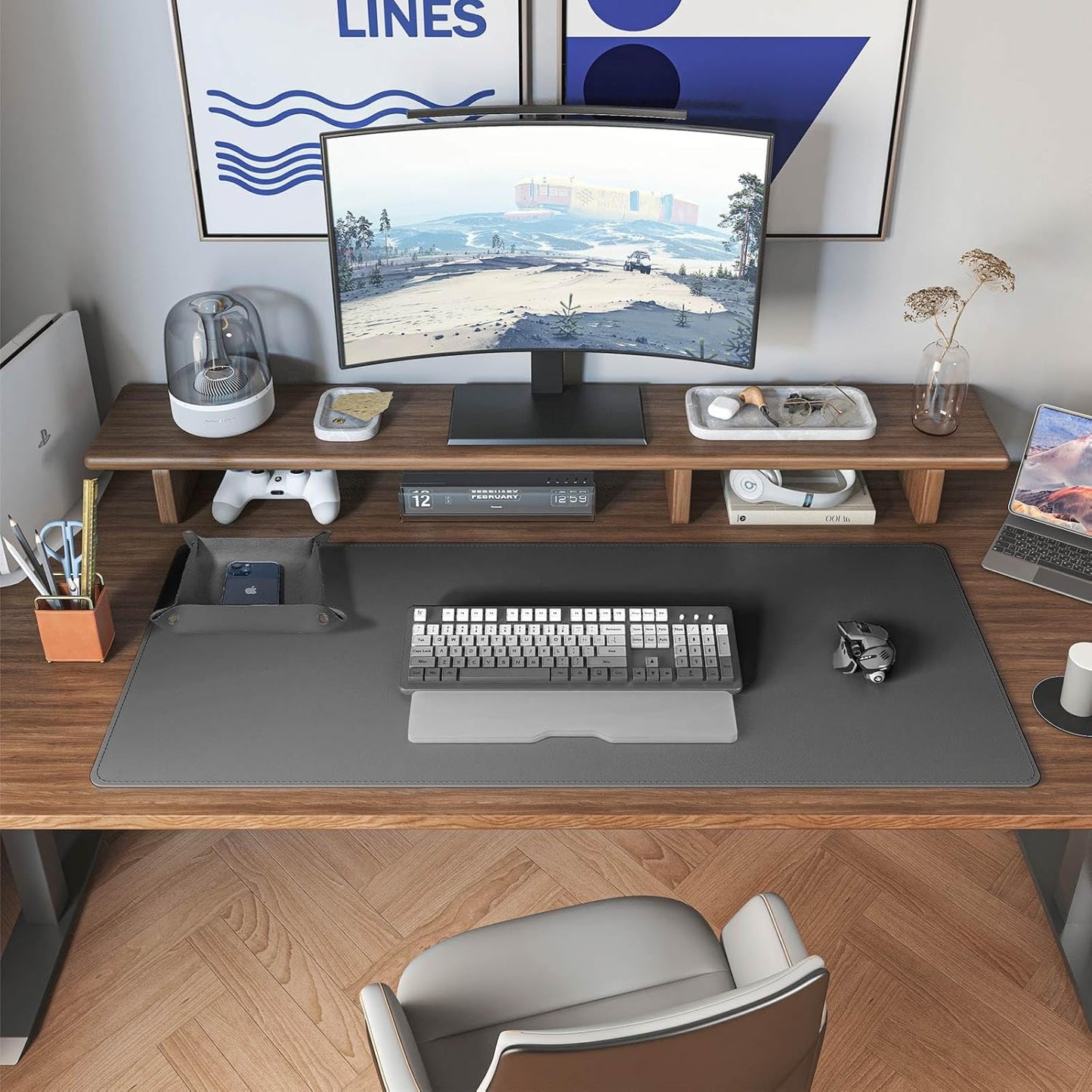 DAWNTREES Dual Sided Desk Mat,Leather Desk Pad,Cork Desk Mat Protector,with PU Leather Valet Tray Organizer,Large Mouse Pad,Desk Writing Pad for Office and Home(Dark Gray 31.5"x15.8")