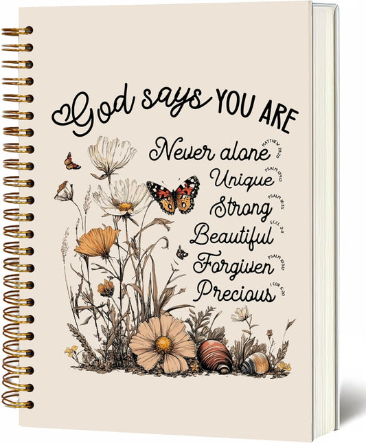 Bible Notebook, A5 Spiral Christian Journal with Floral Notebook, Bible Verse-God Says You Are, Inspirational Notebooks for Women, Bible Study, Gift for Birthday Christmas