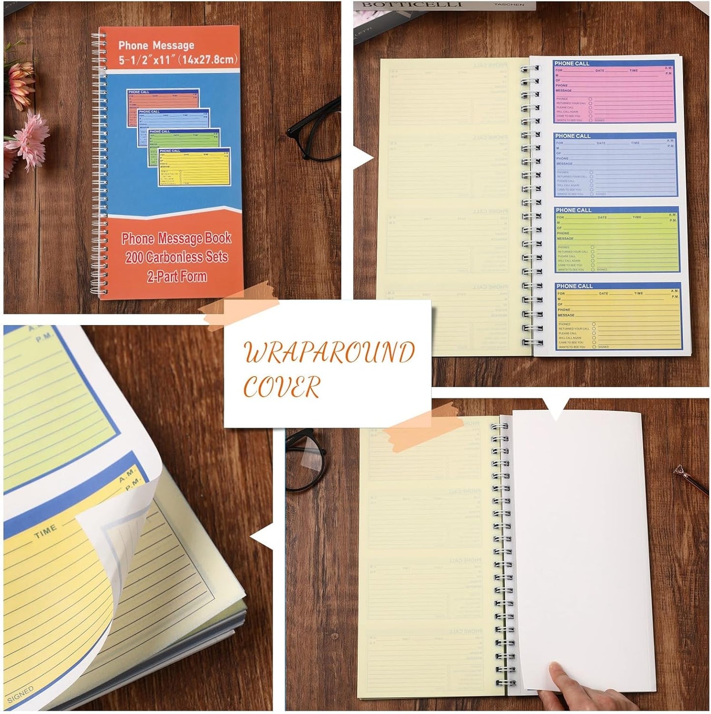 Fullhawl 2 Pcs Spiral Bound Phone Message Book 5-1/2" x 11" 2 Part Colorful Carbonless Message Pads 4 Messages Per Page Carbon Copy Notebook Spiral Phone Call Log Book for Business Office