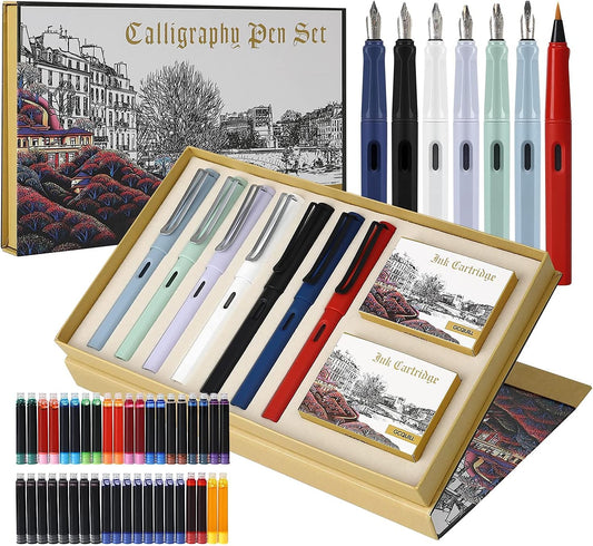 GC QUILL Calligraphy Fountain Pen Set- 7 with Different Nibs and 40 Ink Cartridges for Beginners- MU-09