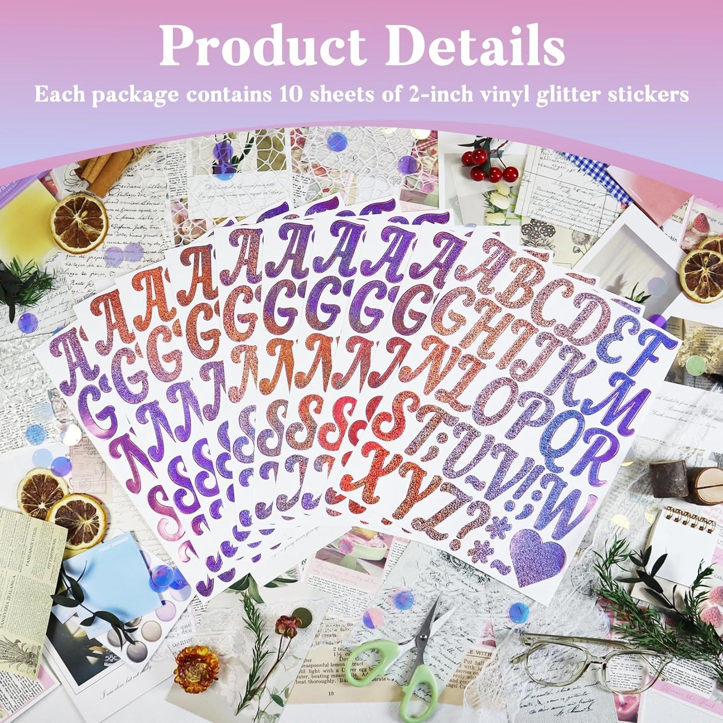 Glitter Letter Stickers, 10 Sheets 2 Inches Self-Adhesive Vinyl Letters Alphabet Sticker Decals for Scrapbook,Door,Mailbox,Bulletins Boards - Pink