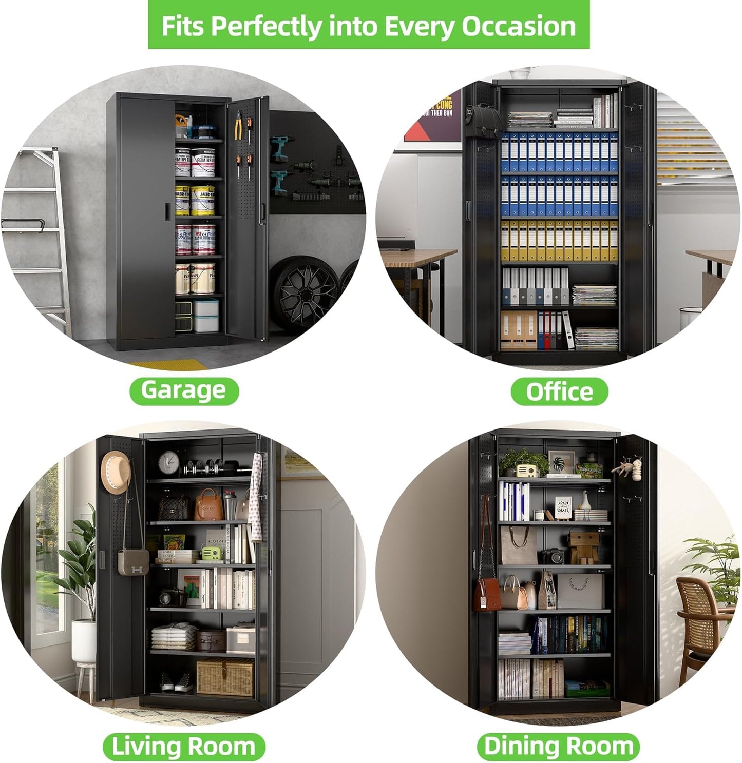 Aobabo Upgraded 71" H×34" W×18" D Metal Garage Storage Cabinet with Pegboards, Lockable Steel Cabinet with 5 Adjustable Shelves and 4 Hooks for Garage, Home, Office, Black,Assembly Required