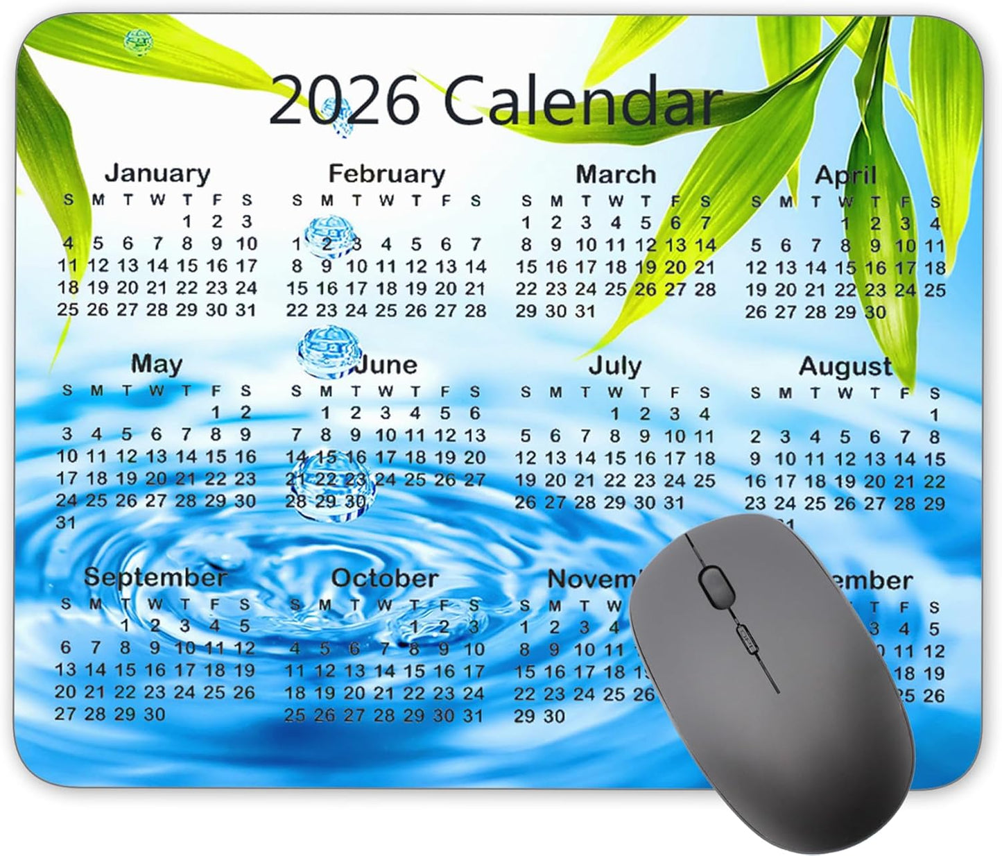 Calendar Mouse pad, 2026 Water Drop Background Calendar Natural Rubber Mouse Pad, Quality Creative Gaming Rectangle Mouse Personalized Desk Mouse Pad 9.5 inch x 7.9 inch